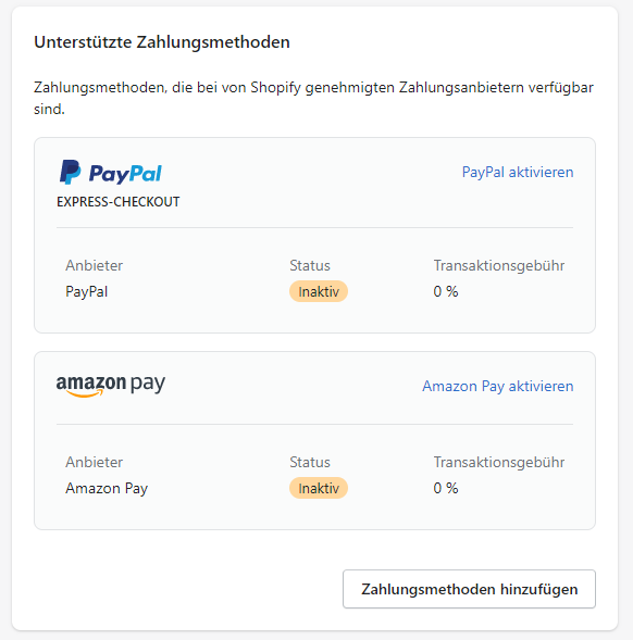 Amazon Pay & PayPal bei Shopify aktivieren
