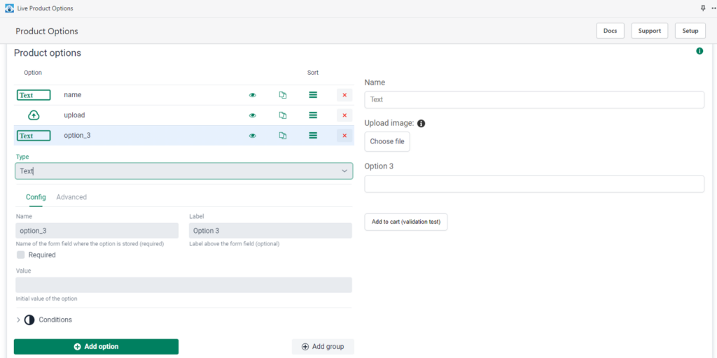 Live Product Option - Produktoptionenkonfigurationsübersicht