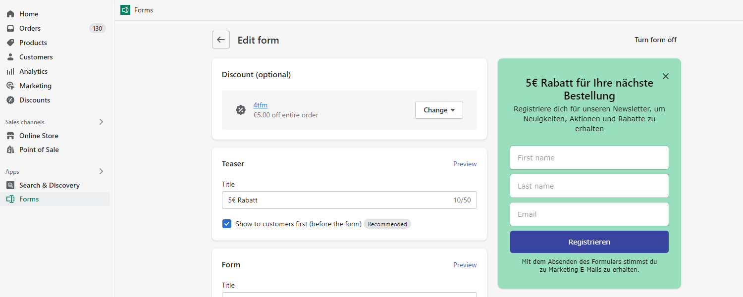 Shopify Forms App NewsletterPopup mit Gutschein