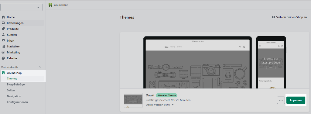 Shopify Theme Übersicht - Theme Editor aufrufen