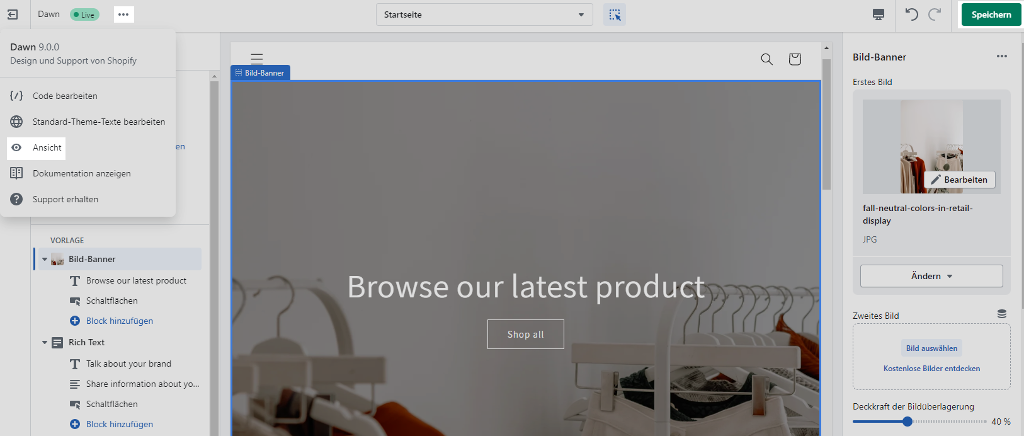 Shopify - Theme Editor - Vorschau und speichern